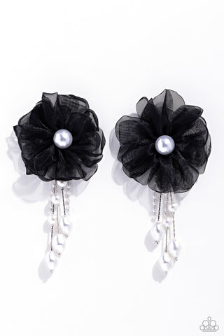 Dripping in Decadence - Black - Pearl Center Netted Flower Paparazzi Post Earrings - September 2023 Life of the Party Exclusive