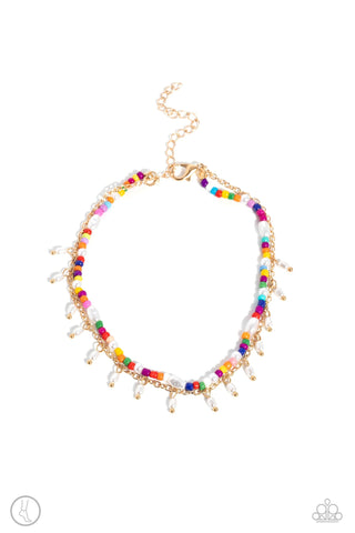 Beachfront Backdrop - Gold - Multicolored Seed Bead White Pearl Paparazzi Anklet
