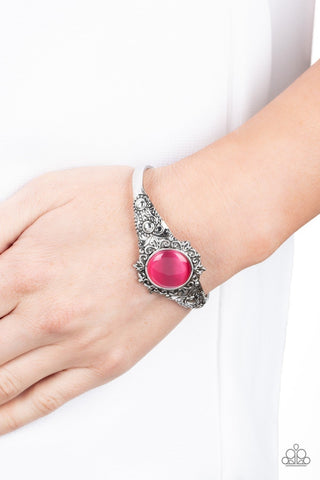Extravagantly Enchanting - Pink - Cat's Eye Stone Flowery Paparazzi Cuff Bracelet