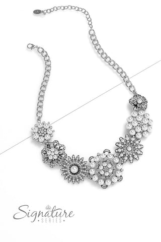 The Raven - 2023 Signature Series - White Pearl and Rhinestone Flower Paparazzi Zi Necklace