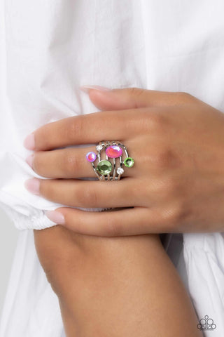Timeless Trickle - Green - and Pink Rhinestone Paparazzi Ring