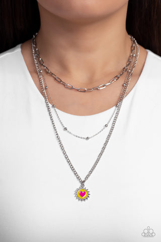 Burning Love - Yellow - Painted Pink Heart inside Sun Tiered Paparazzi Short Necklace