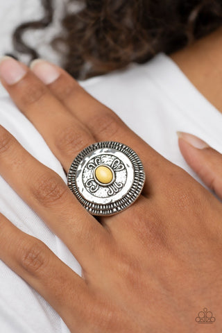 All Things Must COMPASS - Yellow - Beaded Center Silver Filigree Paparazzi Ring