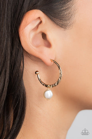 GLAM Overboard - Gold - White Pearl Paparazzi Drop Hoop Earrings