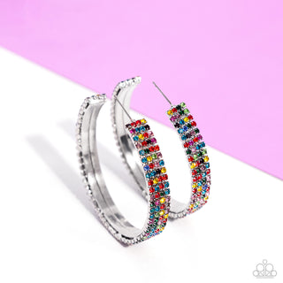 Stacked Symmetry - Multi - Colorful Rhinestone Paparazzi Hoop Earrings - 2024 Empower Me Pink Exclusives