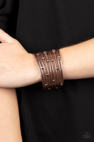 Mechanical Motif - Copper - Studded Asymmetrical Band Paparazzi Cuff Bracelet