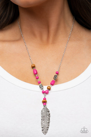 Watch Me Fly - Pink - Stone and Wooden Bead Feather Pendant Paparazzi Necklace