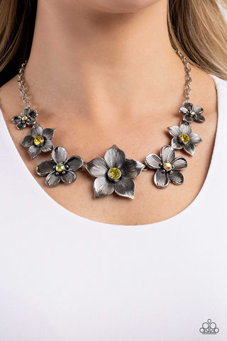 Free FLORAL - Yellow - Iridescent Rhinestone Center Flower Paparazzi Short Necklace