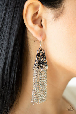 Cleopatra's Allure - Black - Beaded Sunburst Silver Fringe Paparazzi Fishhook Earrings