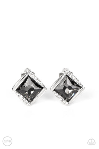 Sparkle Squared - Silver - Hematite Gem Paparazzi Clip-On Earrings