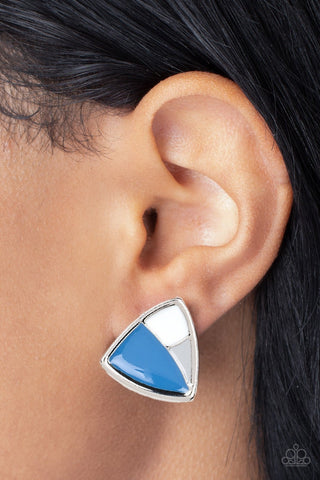 Kaleidoscopic Collision - Blue - and Gray Triangle Geometric Paparazzi Post Earrings
