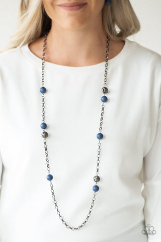Fashion Fad - Blue - Shiny Bead Gunmetal Chain Paparazzi Long Necklace