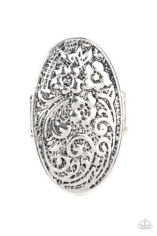 Floral Fortress - Silver - Oversized Oval Flower Paparazzi Ring