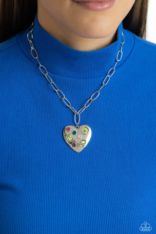 Online Dating - Green - Multi-Colored Rhinestone Oversized Heart Paparazzi Short Necklace