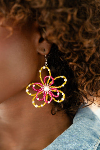 PEARL Crush - Yellow - and Pink Seed Bead and Pearl Flower Paparazzi Fishook Earrings