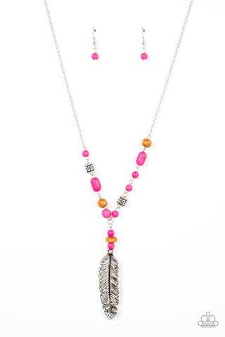 Watch Me Fly - Pink - Stone and Wooden Bead Feather Pendant Paparazzi Necklace