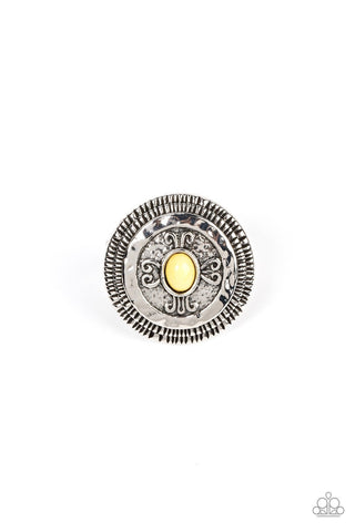 All Things Must COMPASS - Yellow - Beaded Center Silver Filigree Paparazzi Ring