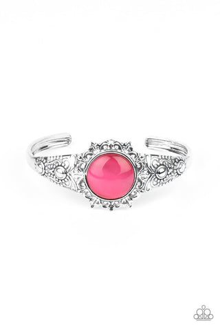 Extravagantly Enchanting - Pink - Cat's Eye Stone Flowery Paparazzi Cuff Bracelet