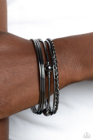 Lost and Found - Black - Gunmetal Braided and Beaded Paparazzi Bangle Bracelet