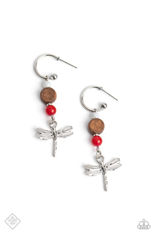 Take BEAD - Red - Stone and Wooden Bead Dragonfly Charm Paparazzi Hoop Earrings - August 2023 Simply Santa Fe