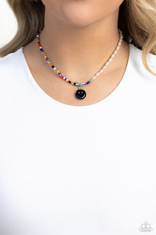 Smiling Showdown - Black - Colored Seed Bead White Pearl Smiley Face Paparazzi Short Necklacee