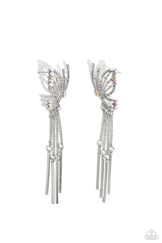 A Few Of My Favorite WINGS - White - and Iridescent Rhinestone Butterfly Paparazzi Post Earrings - 2023 Made for More Convention Exclusive