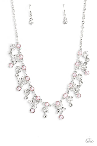 Garden Princess - Pink - Pearl and Rhinestone Leafy Filigree Paparazzi Short Necklace