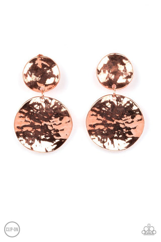 Rush Hour - Copper - Hammered Disc Paparazzi Clip-On Earrings