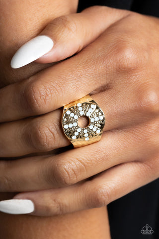 Stylish Sunbeam - Gold - White Rhinestone Sun Paparazzi Ring