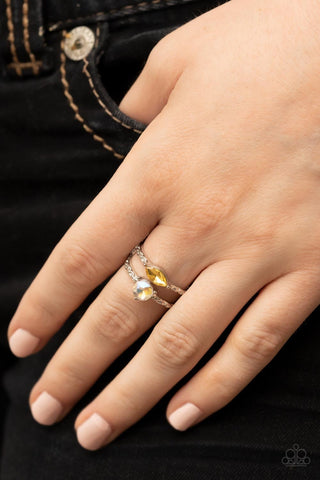 Embraceable Elegance - Yellow - Round and Iridescent Marquise Cut Rhinestone Paparazzi Dainty Ring