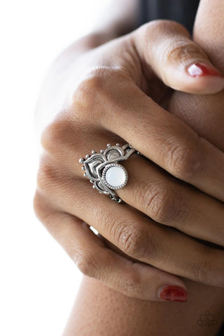 Lotus Solstice - White - Opal Bead Flower Paparazzi Dainty Ring