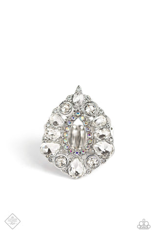 First Class Fairytale - White - and Iridescent Rhinestone Teardrop Paparazzi Ring - July 2023 Fiercely 5th Avenue