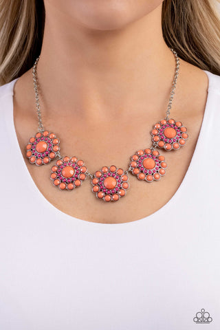 Floral Fervor - Orange - Coral Beaded Flower Paparazzi Short Necklace