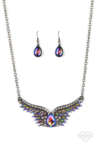 Smoldering Shimmer - Multi - Oil Spill Rhinestone Angel Wings Gunmetal Paparazzi Short Necklace - Empire Diamond Exclusive