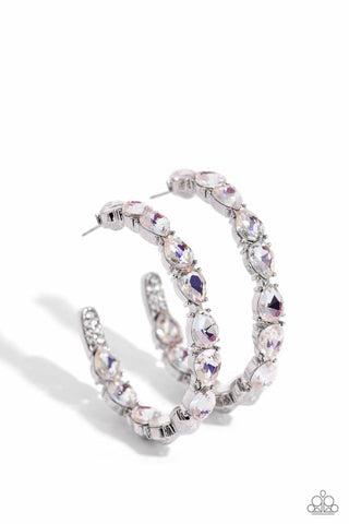 Presidential Pizzazz - White - and Iridescent Rhinestone Encrusted Paparazzi Hoop Earrings - March 2024 Life of the Party Exclusive