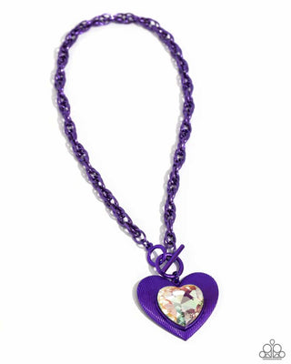 Modern Matchup - Purple - Oversized Painted Heart White Gem Center Paparazzi Toggle Short Necklace - March 2024 Life of the Party Exclusive