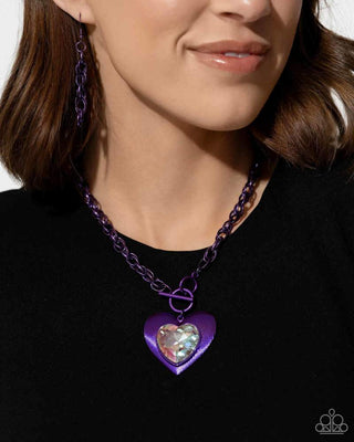 Modern Matchup - Purple - Oversized Painted Heart White Gem Center Paparazzi Toggle Short Necklace - March 2024 Life of the Party Exclusive