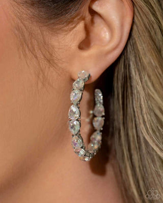 Presidential Pizzazz - White - and Iridescent Rhinestone Encrusted Paparazzi Hoop Earrings - March 2024 Life of the Party Exclusive