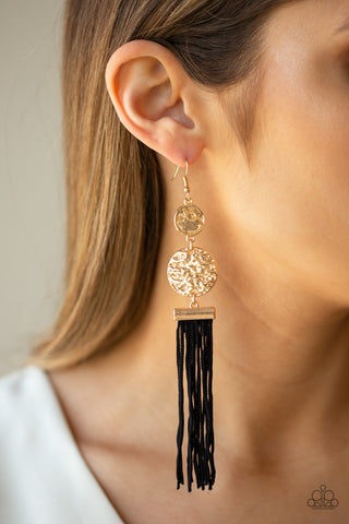 Lotus Gardens - Gold - Hammered Disc Black Cord Tassel Paparazzi Fishhook Earrings - October 2019 Life of the Party Exclusive
