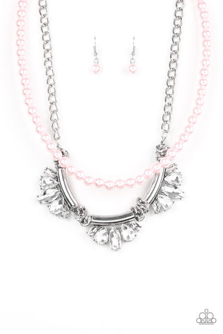 Bow Before the Queen - Pink - Pearl and White Rhinestone Tiered Paparazzi Short Statement Necklace - July 2019 Life of the Party Exclusive