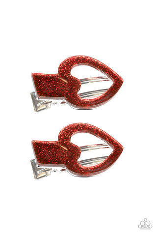 Glitter-Hearted Red Paparazzi Hair Clip