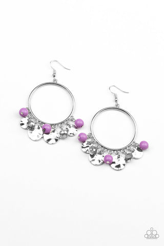 Chroma Chimes - Purple - Bead and Hammered Silver Disc Hoop Paparazzi Fishhook Earrings