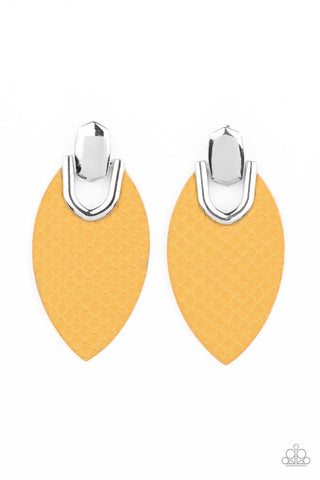 Wildly Workable - Yellow - Snake Animal Print Leather Paparazzi Post Earrings