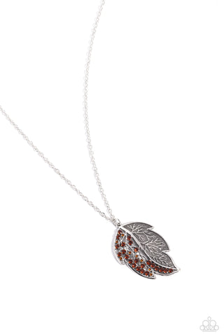 A Mid-AUTUMN Nights Dream - Brown - Rhinestone Silver Leaf Paparazzi Long Necklace