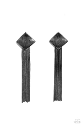 Experimental Elegance - Black - Scratched Gunmetal Square Tassel Paparazzi Post Earrings