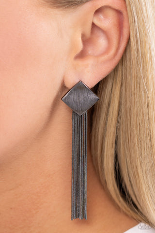 Experimental Elegance - Black - Scratched Gunmetal Square Tassel Paparazzi Post Earrings