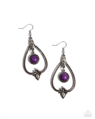 Rocky Mountain Royalty - Purple - Stone Center Silver Teardrop Frame Paparazzi Fishhook Earrings