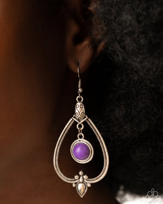 Rocky Mountain Royalty - Purple - Stone Center Silver Teardrop Frame Paparazzi Fishhook Earrings
