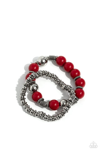 Walk This SWAY - Red - and Silver Bead Paparazzi Stretchy Bracelet