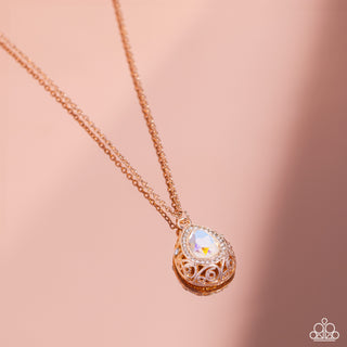 Gracefully Glamorous - Rose Gold - Iridescent Oversized Gem Filigree Paparazzi Short Necklace